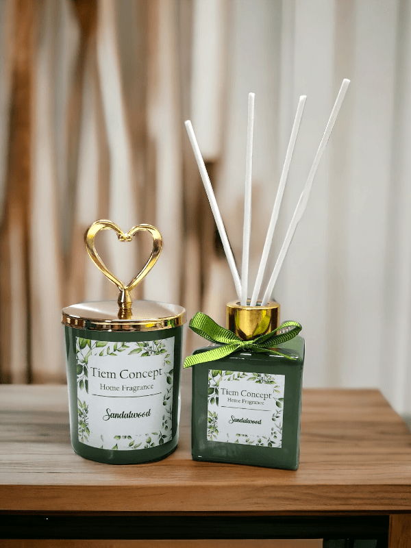 Heart Gold Headed Sandalwood Scented Green Glass Candle and Room Fragrance Set 100 ml