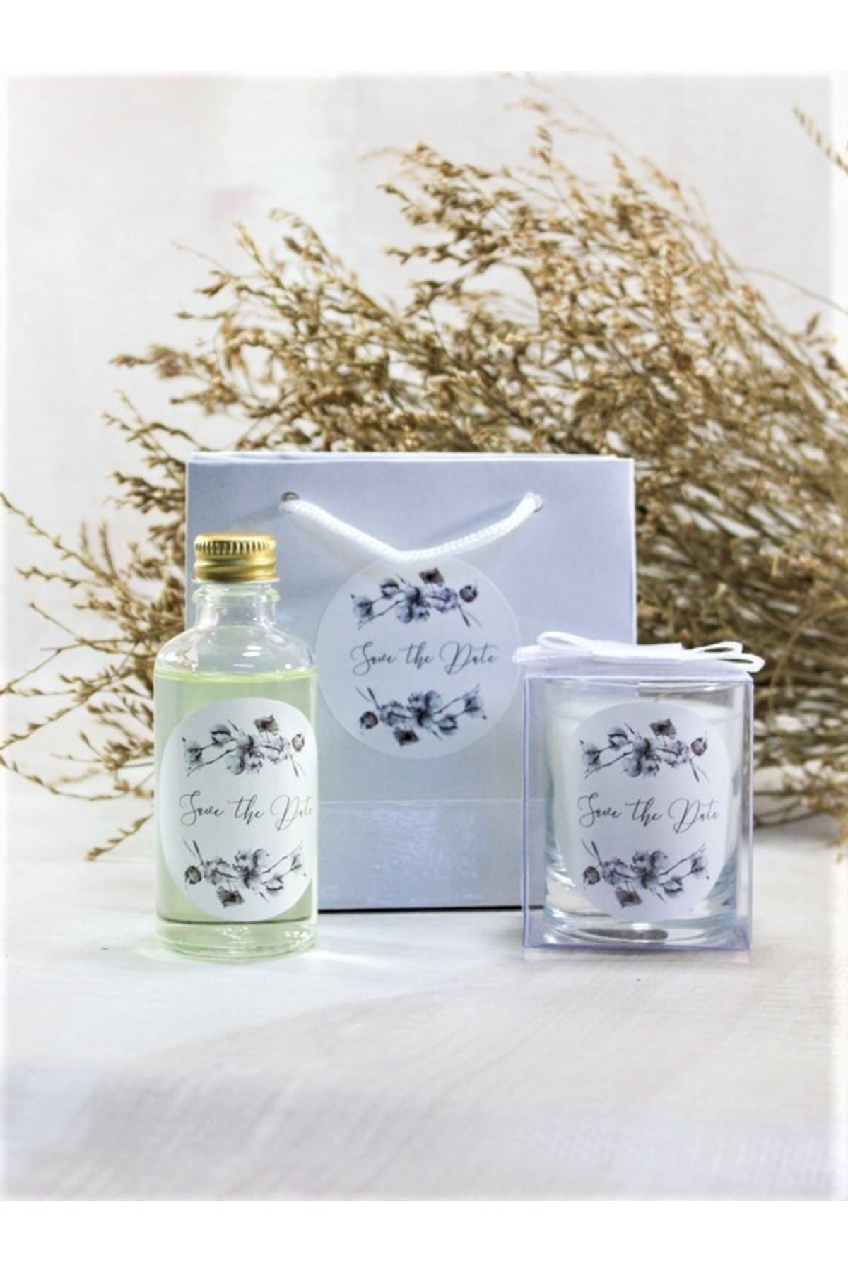 Kişiye Özel Nikah şekeri Baskılı Çantalı Kolonya ve Bardak Mum Seti 10'lu