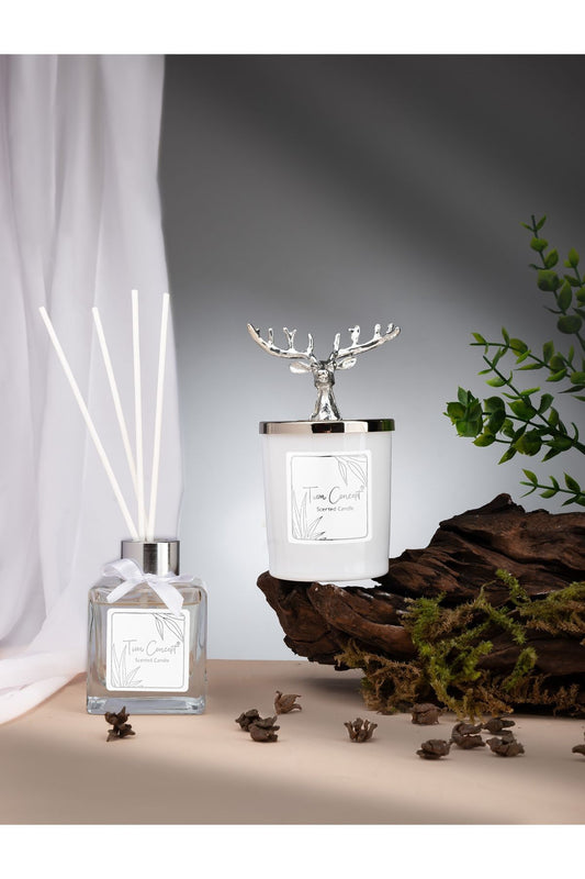 Deer Head Silver Detailed Stick Room Fragrance 100 ml and White Glass Candle Set