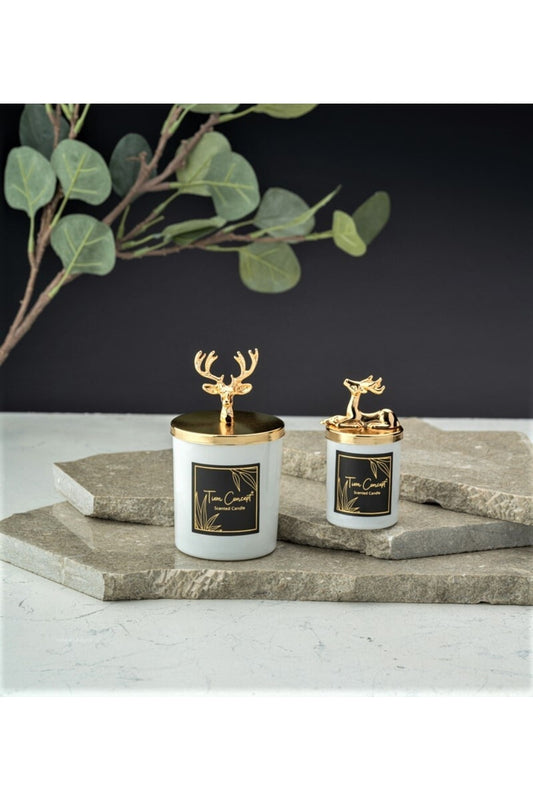Tiem Concept Special Design Decorative Gold Deer Vanilla Scented 2-Piece White Glass Candle Set