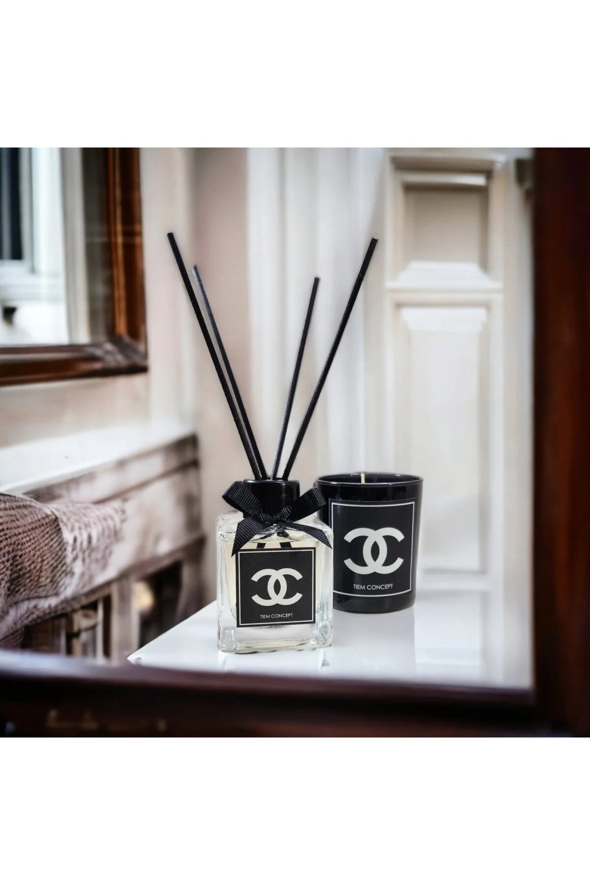 Stick Room Fragrance 100 ml and Black Glass Candle Set