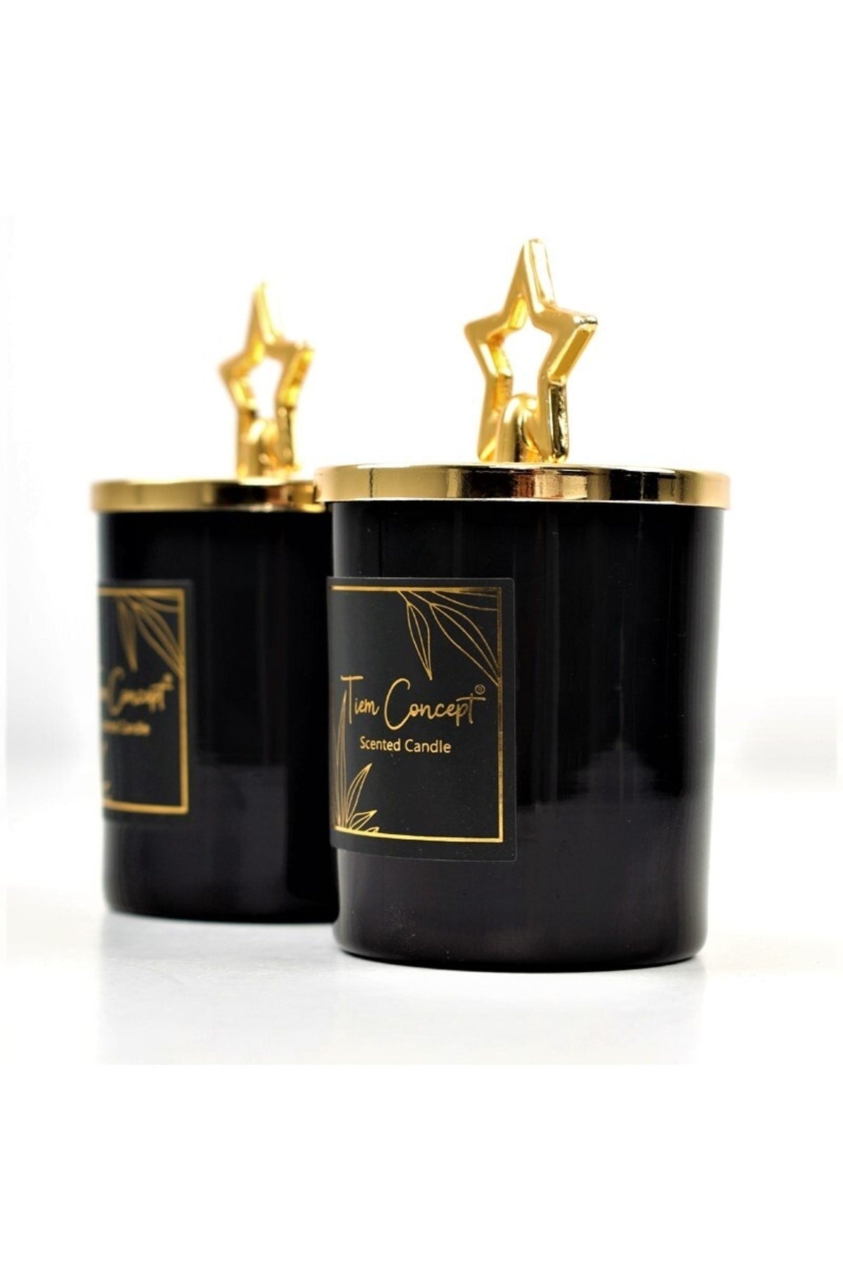 Dekoratif Gold Yıldız Başlıklı Büyük 2 'li Siyah Bardak Mum Seti