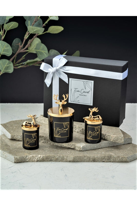 Yılbaşı Dekoratif Hediye Kutulu Vanilya Kokulu Gold Geyikli 3'lü Siyah Bardak Mum Seti
