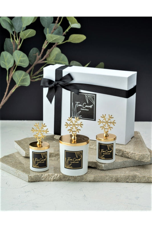 Yılbaşı Dekoratif Hediye Kutulu Vanilya Kokulu Gold Kar Taneli 3lü Beyaz Bardak Mum Seti