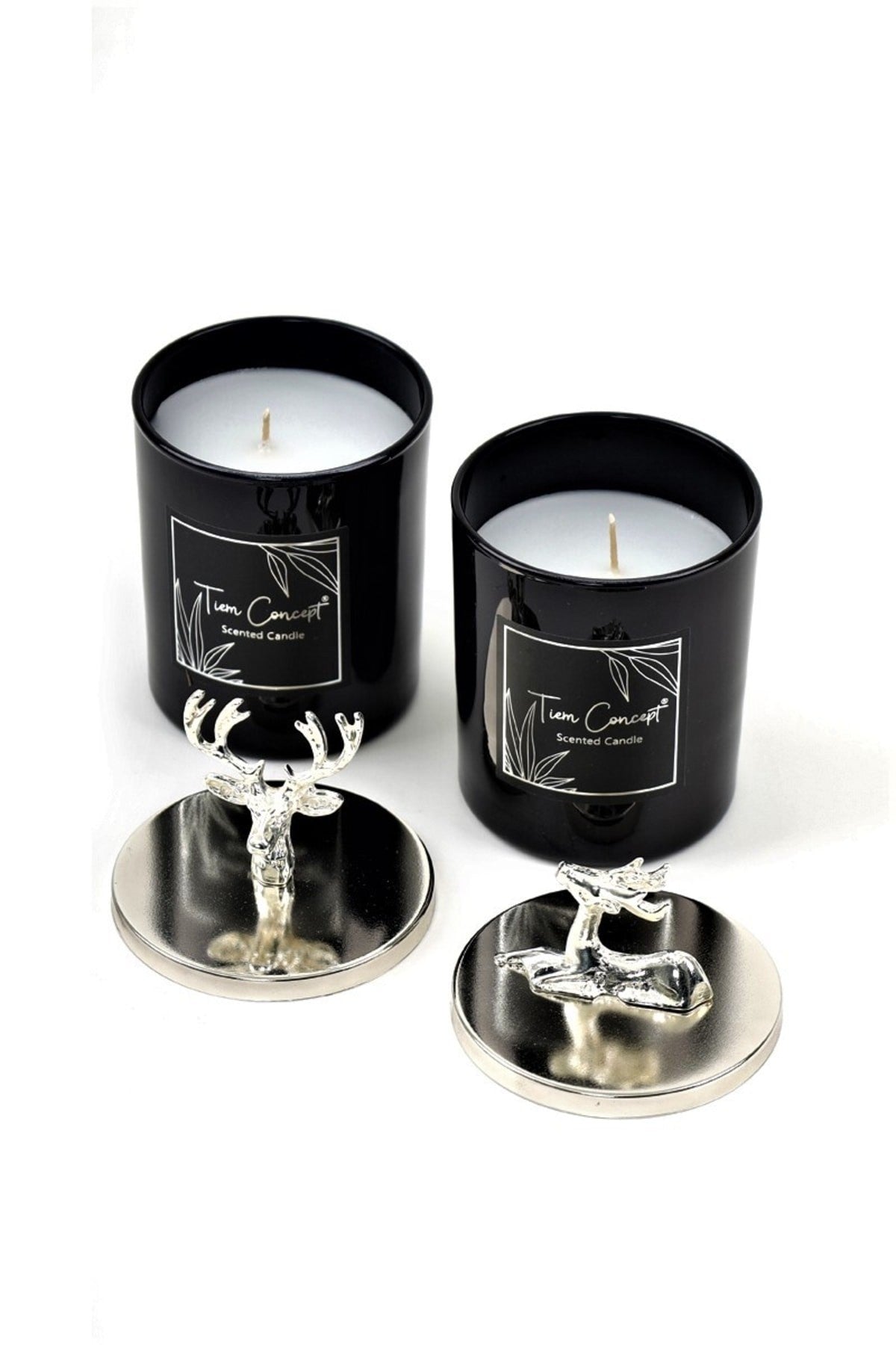 Dekoratif Gümüş Renk Geyik Başlıklı 2'li Siyah Bardak Mum Seti