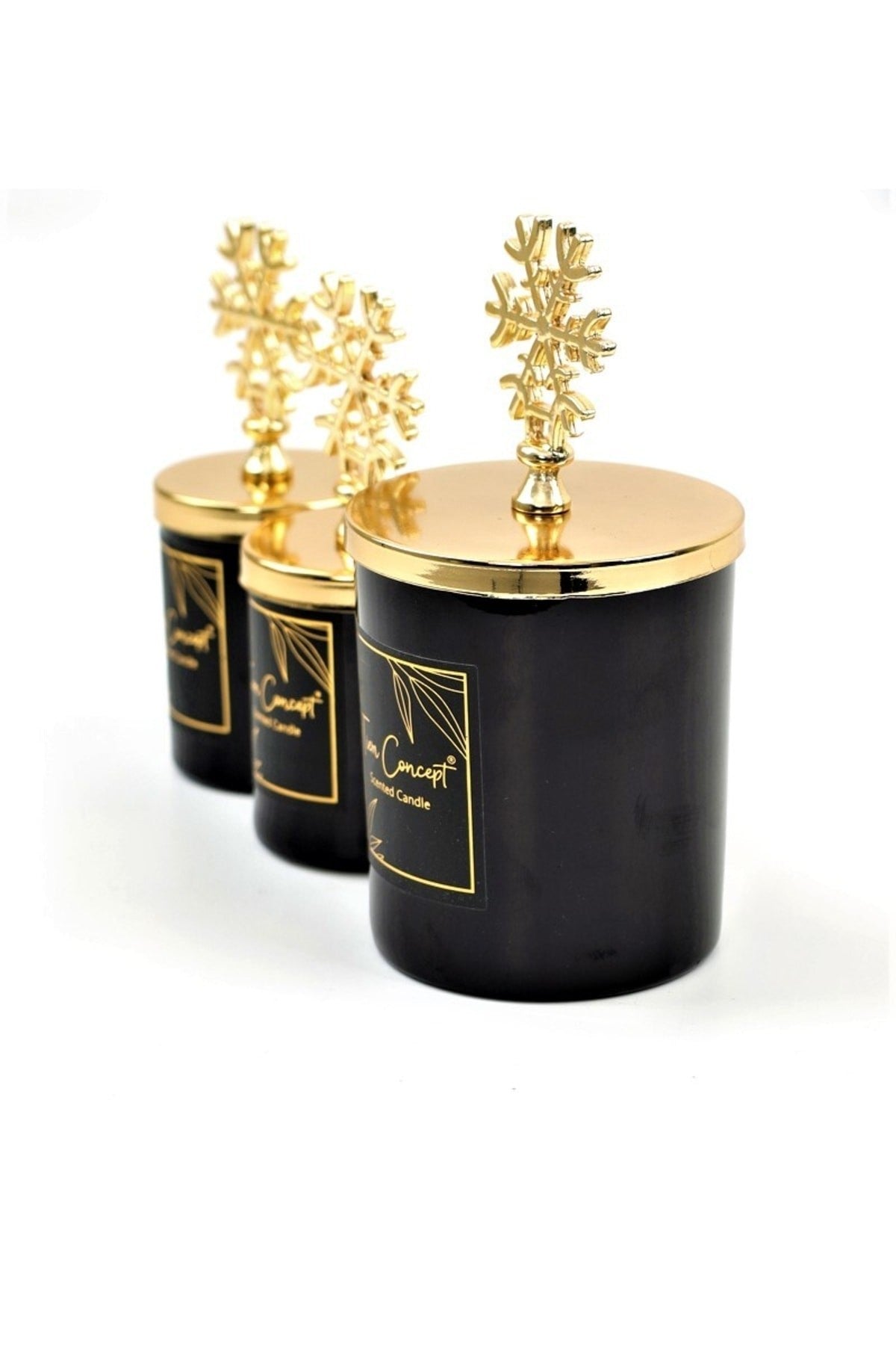 Dekoratif Özel Tasarım Gold Kar taneli Vanilya Kokulu 3'lü Siyah Bardak Mum Seti