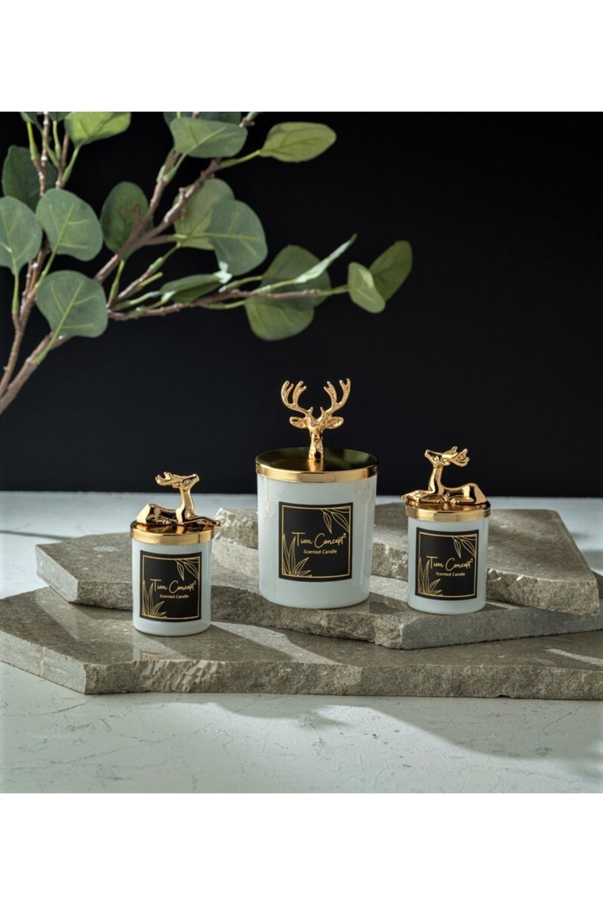 Dekoratif Gold Geyikli Vanilya Kokulu Beyaz Bardak Mum 3'lü Set