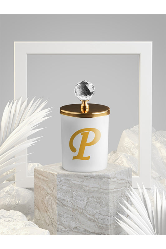 Özel Tasarım P Harfli Vanilya Kokulu Gold Kristal Tepelikli Beyaz Bardak Mum