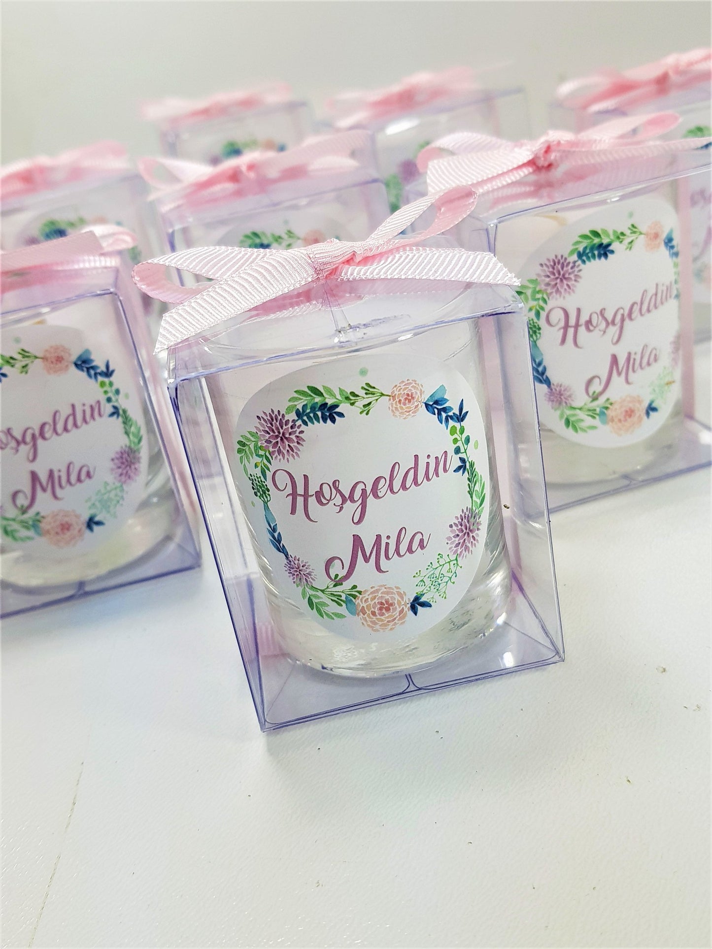 Tiem Concept Baby Gift Pink Flower Printed 10 Piece Glass Candle