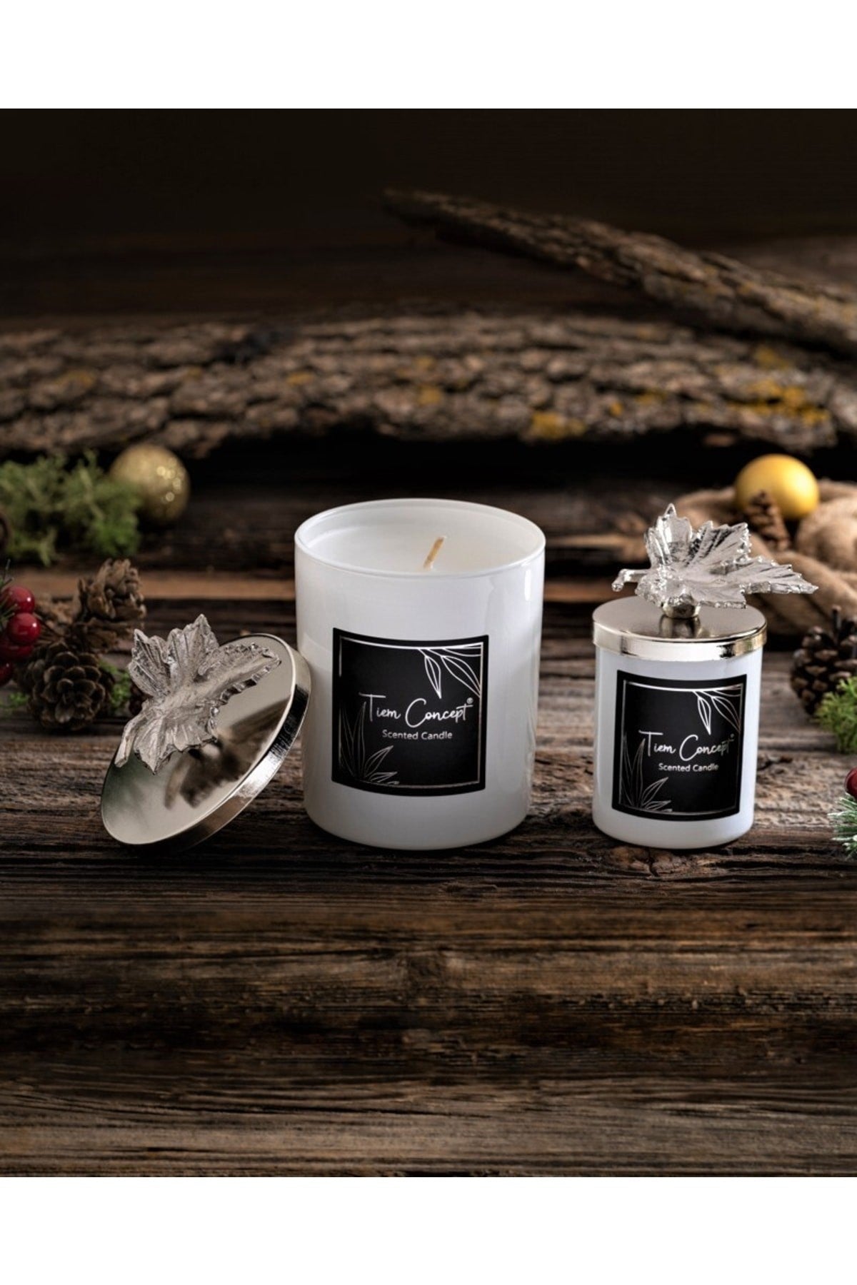 Dekoratif Gümüş Yapraklı Vanilya Kokulu 2'li Beyaz Bardak Mum Seti