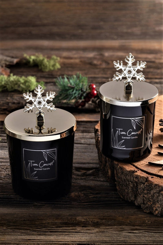 Dekoratif Özel Tasarım Gümüş Kar Tanesi Başlıklı 2 'li Siyah Bardak Mum Seti