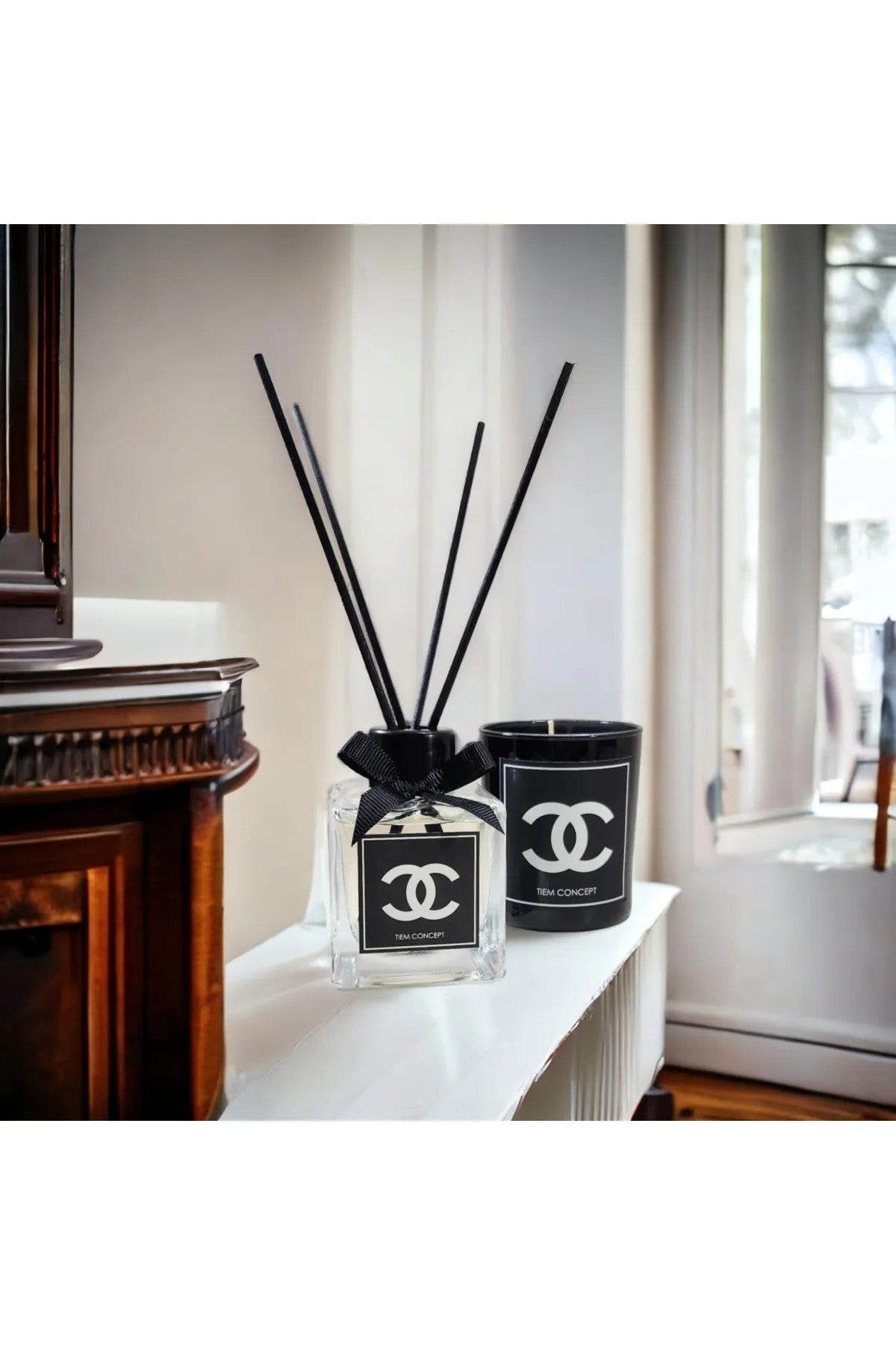 Stick Room Fragrance 100 ml and Black Glass Candle Set