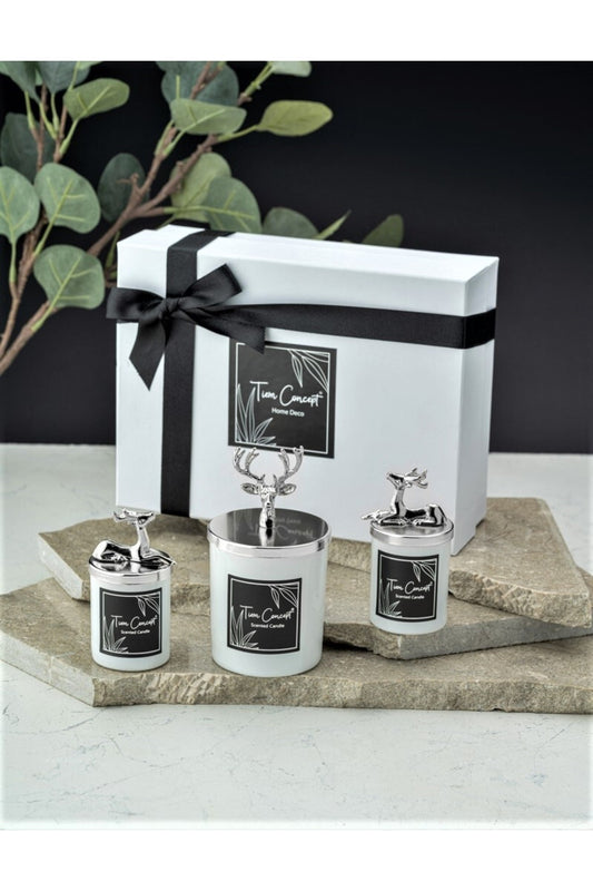 Dekoratif Hediye Kutulu Vanilya Kokulu Gümüş Geyikli 3 'lü Beyaz Bardak Mum Seti