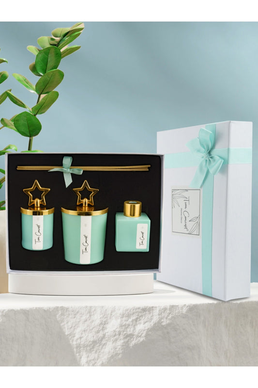 Özel Tasarım Kutulu Yeşil Çay Kokulu Gold Tepelikli 3lü Bardak Mum ve Oda Koku Seti