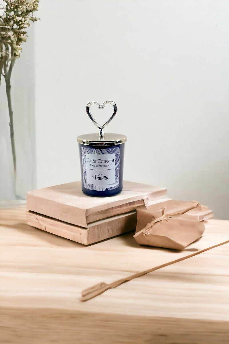 Heart Silver Head Vanilla Scented Gray Glass Candle and Room Fragrance Set 100 ml