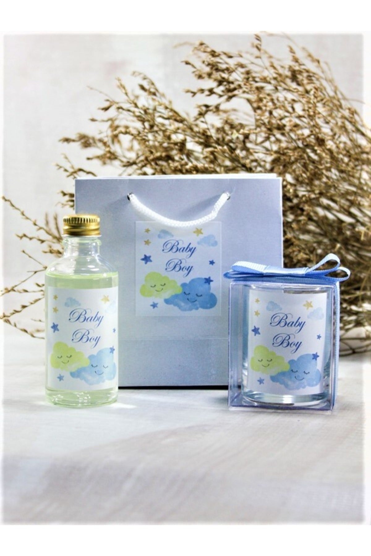 Kişiye Özel Bebek Hediyelik Doğum ve Doğum günü Çantalı Kolonya ve Mum Seti 10'lu