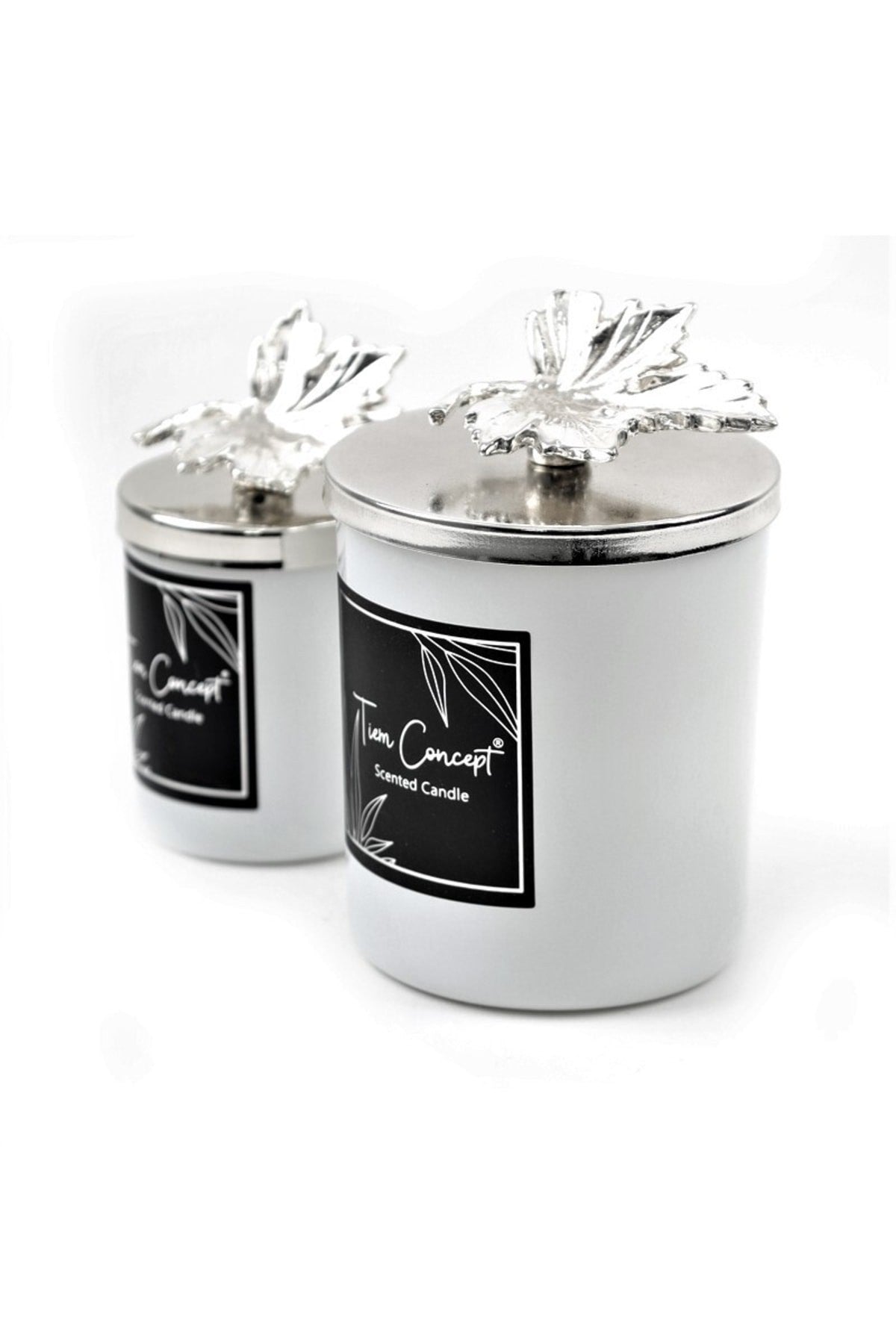 Dekoratif Gümüş Yapraklı Vanilya Kokulu 2'li Beyaz Bardak Mum Seti