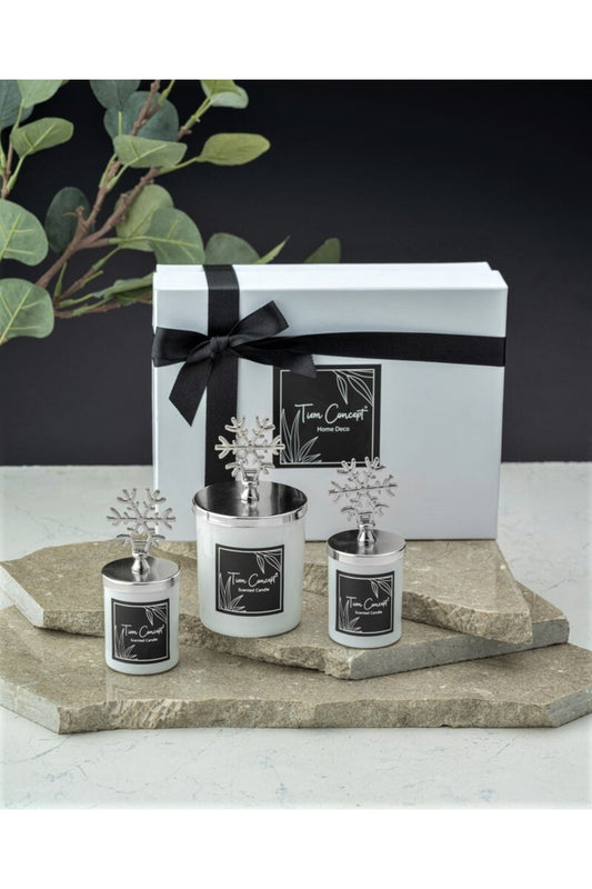 Dekoratif Hediye Kutulu Vanilya Kokulu Gümüş KarTaneli 3lü Beyaz Bardak Mum Seti