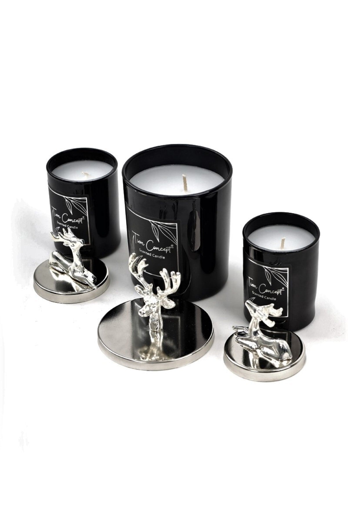 Dekoratif Gümüş Geyikli Vanilya Kokulu 3'lü Siyah Bardak Mum Seti
