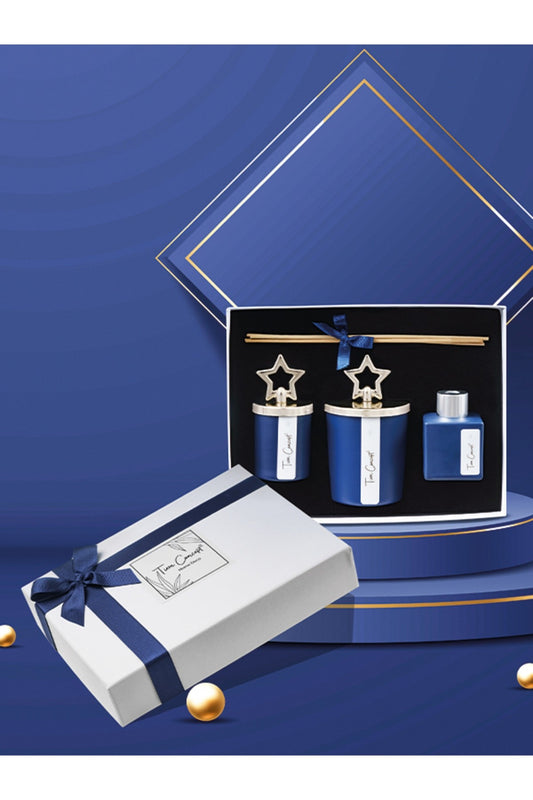 Özel Tasarım Kutulu Okyanus Kokulu Gümüş Tepelikli 3lü Bardak Mum ve Oda Koku Seti