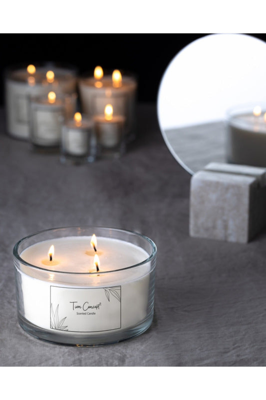 Şeffaf Cam Doğal Üretim Büyük Soya Mum 3 Fitilli (14x7 cm )