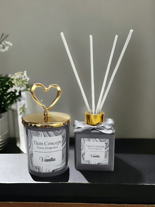 Heart Gold Headed Vanilla Scented Gray Glass Candle and Room Fragrance Set 100 ml