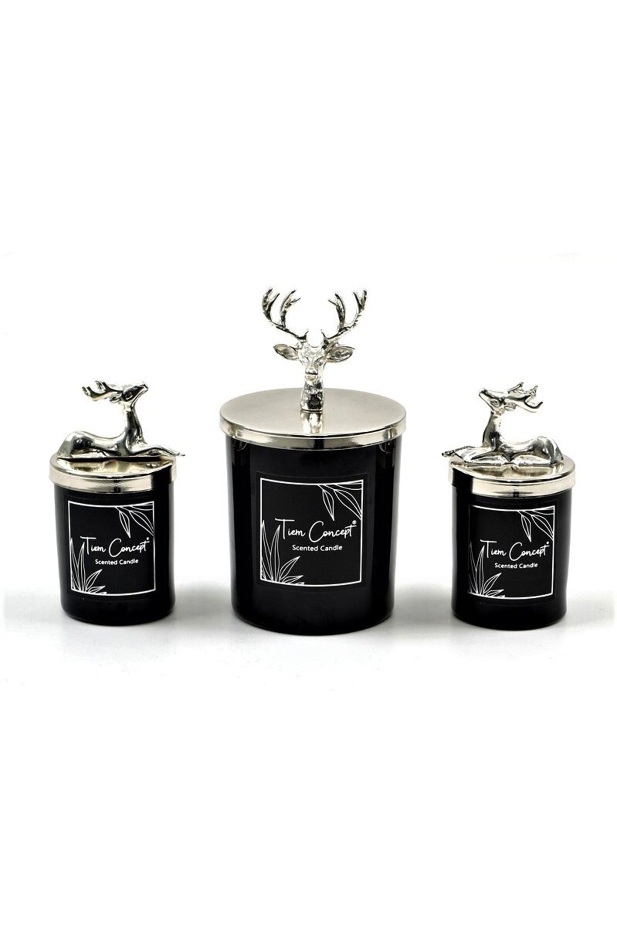 Dekoratif Gümüş Geyikli Vanilya Kokulu 3'lü Siyah Bardak Mum Seti