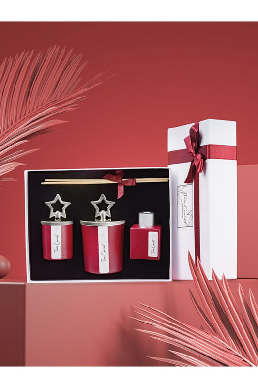 Özel Tasarım Kutulu Amber Kokulu Gümüş Tepelikli 3lü Bardak Mum ve Oda Koku Seti