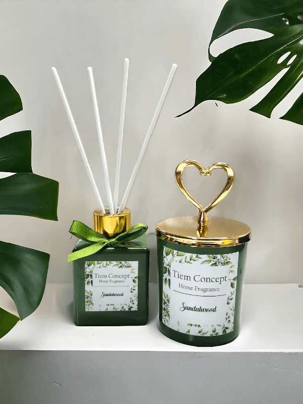 Heart Gold Headed Sandalwood Scented Green Glass Candle and Room Fragrance Set 100 ml