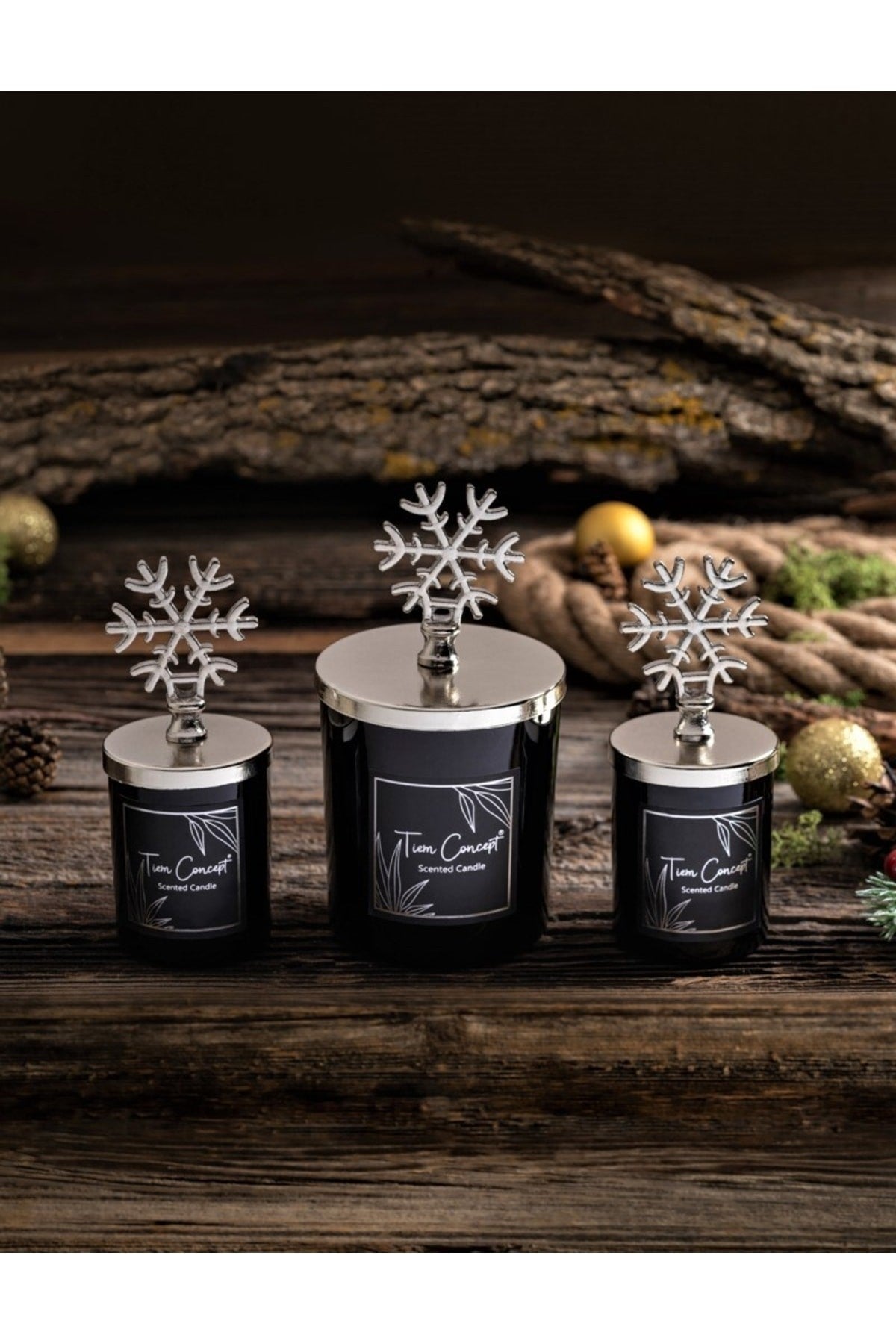 Tiem Concept Decorative Special Design Silver Snowflake Vanilla Scented 3-Piece Black Glass Candle Set