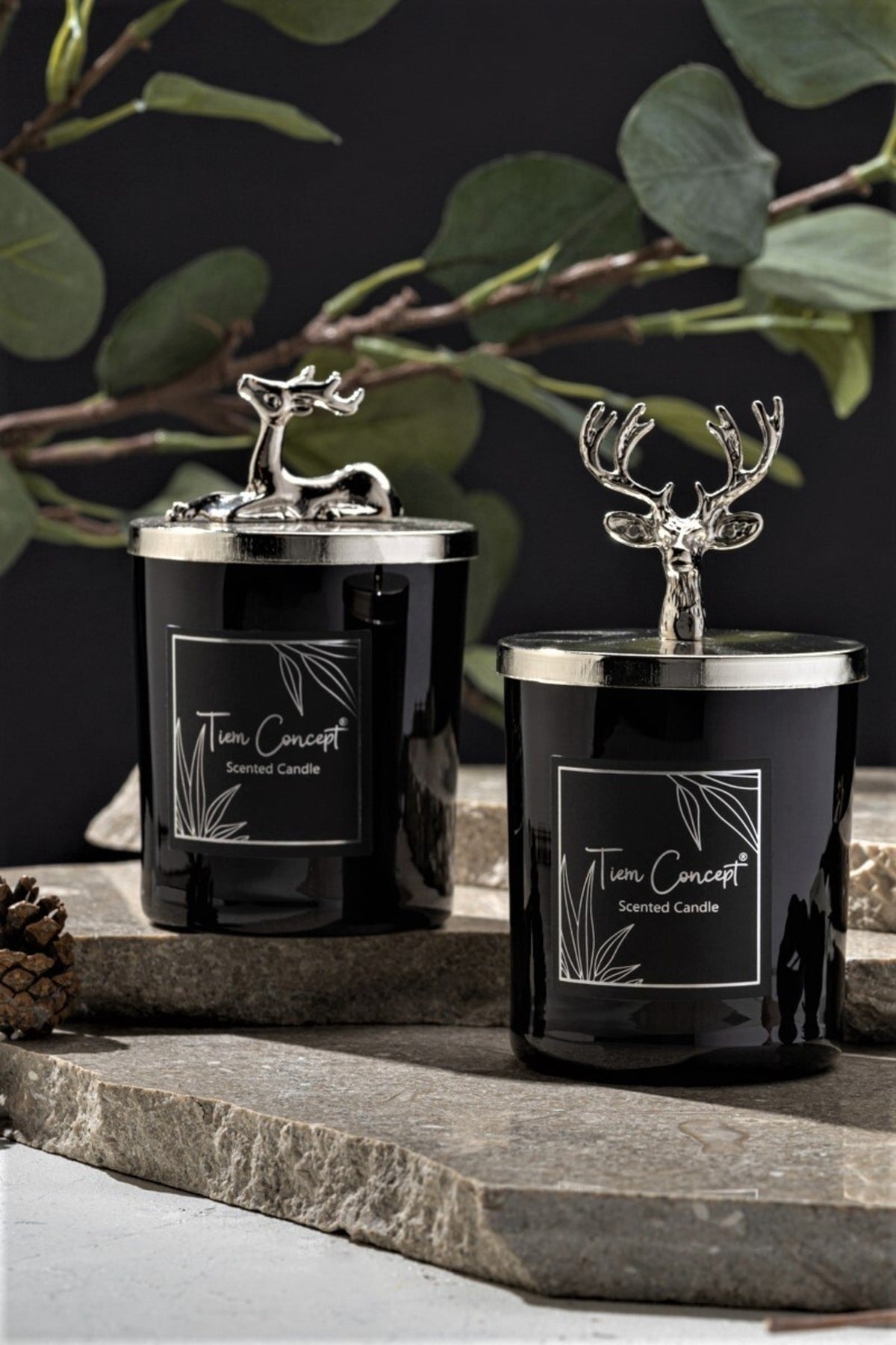 Dekoratif Gümüş Renk Geyik Başlıklı 2'li Siyah Bardak Mum Seti