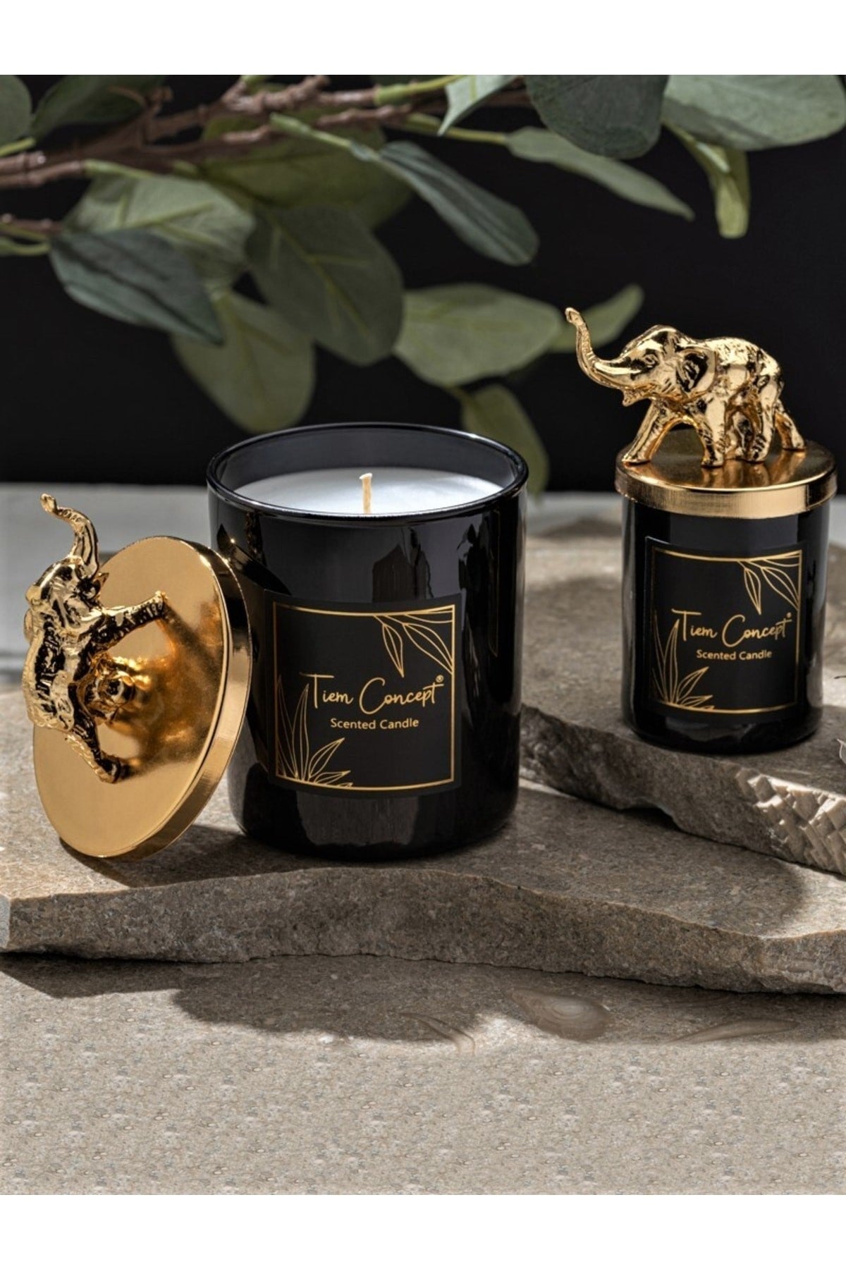Dekoratif Gold Fil Tepelikli 2'li Siyah Bardak Mum Seti
