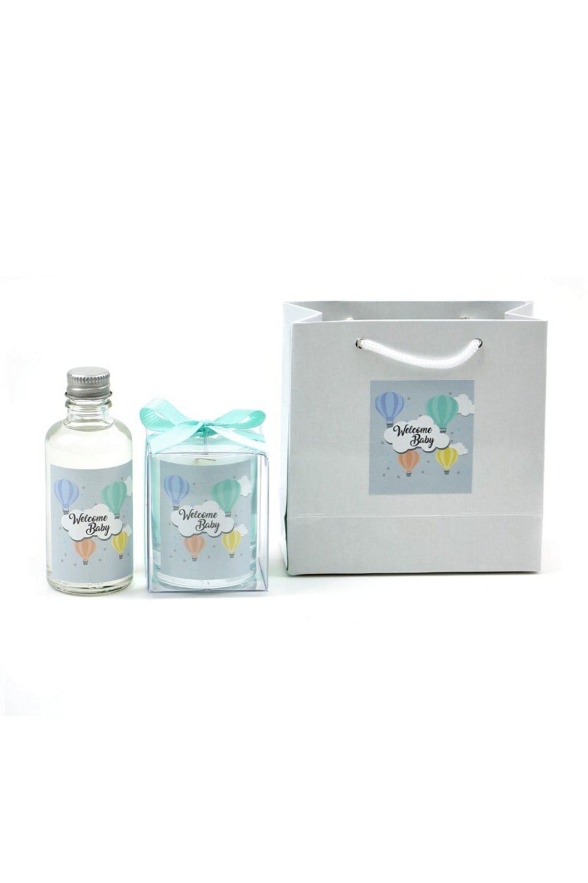 Kişiye Özel Bebek Hediyelik Doğum ve Doğumgünü Çantalı Kolonya ve Mum Seti 10'lu