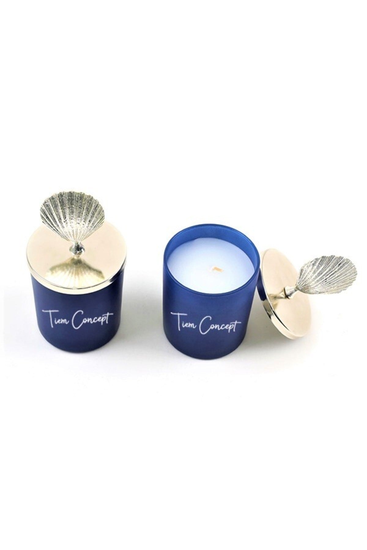 Dekoratif Gümüş Deniz Kabuğu Tepelikli Okyanus Kokulu 2li Lacivert Bardak Mum Seti