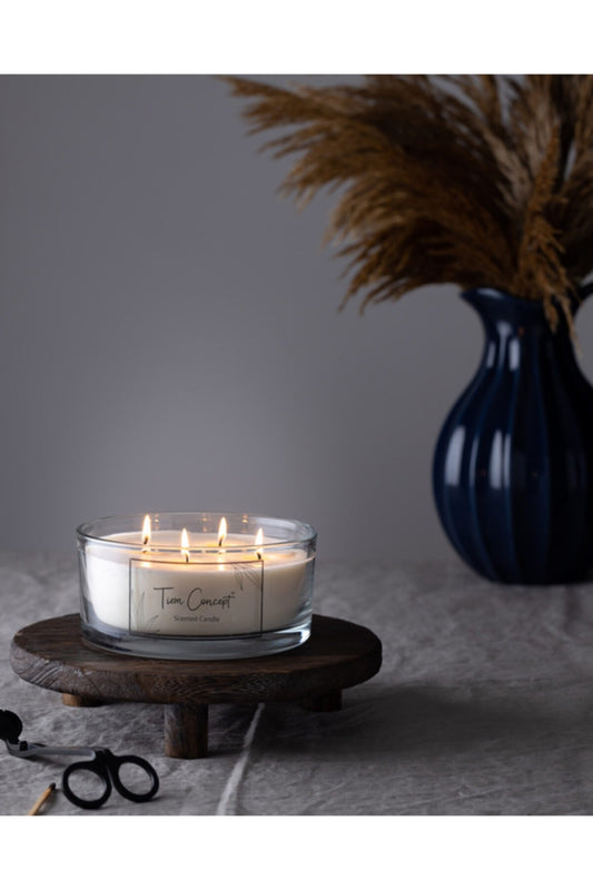 Şeffaf Cam Doğal Üretim Büyük Bardak Soya Mum 4 Fitilli (16x8 cm )