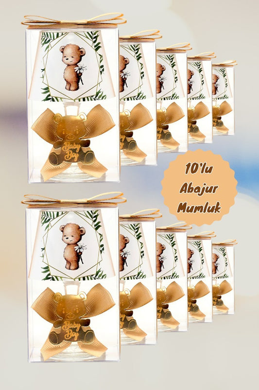 Baby Gift Boxed Personalized Gold Teddy Bear Printed Gift Lampshade Candle Set of 10