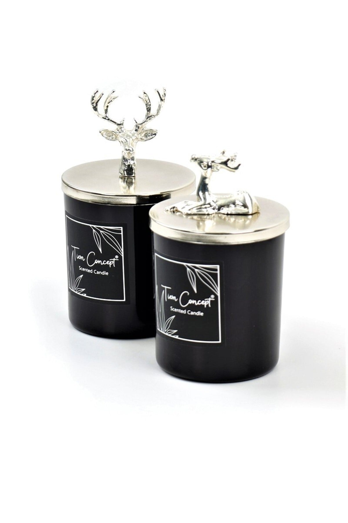 Dekoratif Gümüş Renk Geyik Başlıklı 2'li Siyah Bardak Mum Seti
