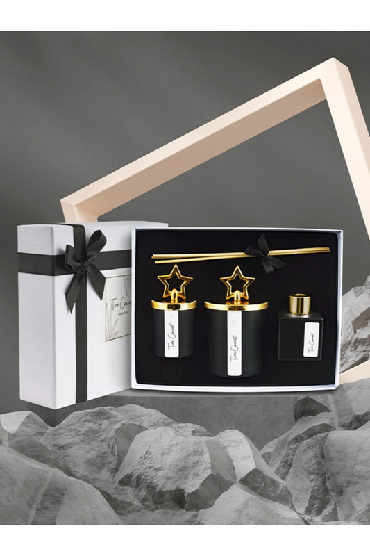 Özel Tasarım Kutulu Çikolata Kokulu Gold Tepelikli 3lü Bardak Mum ve Oda Koku Seti