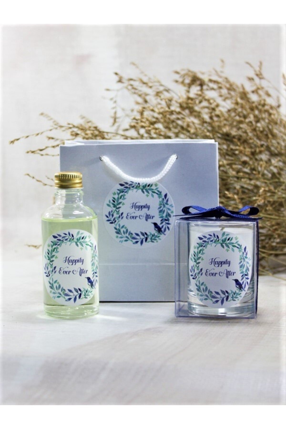 Kişiye Özel Nikah şekeri Baskılı Çantalı Kolonya ve Bardak Mum Seti 10'lu