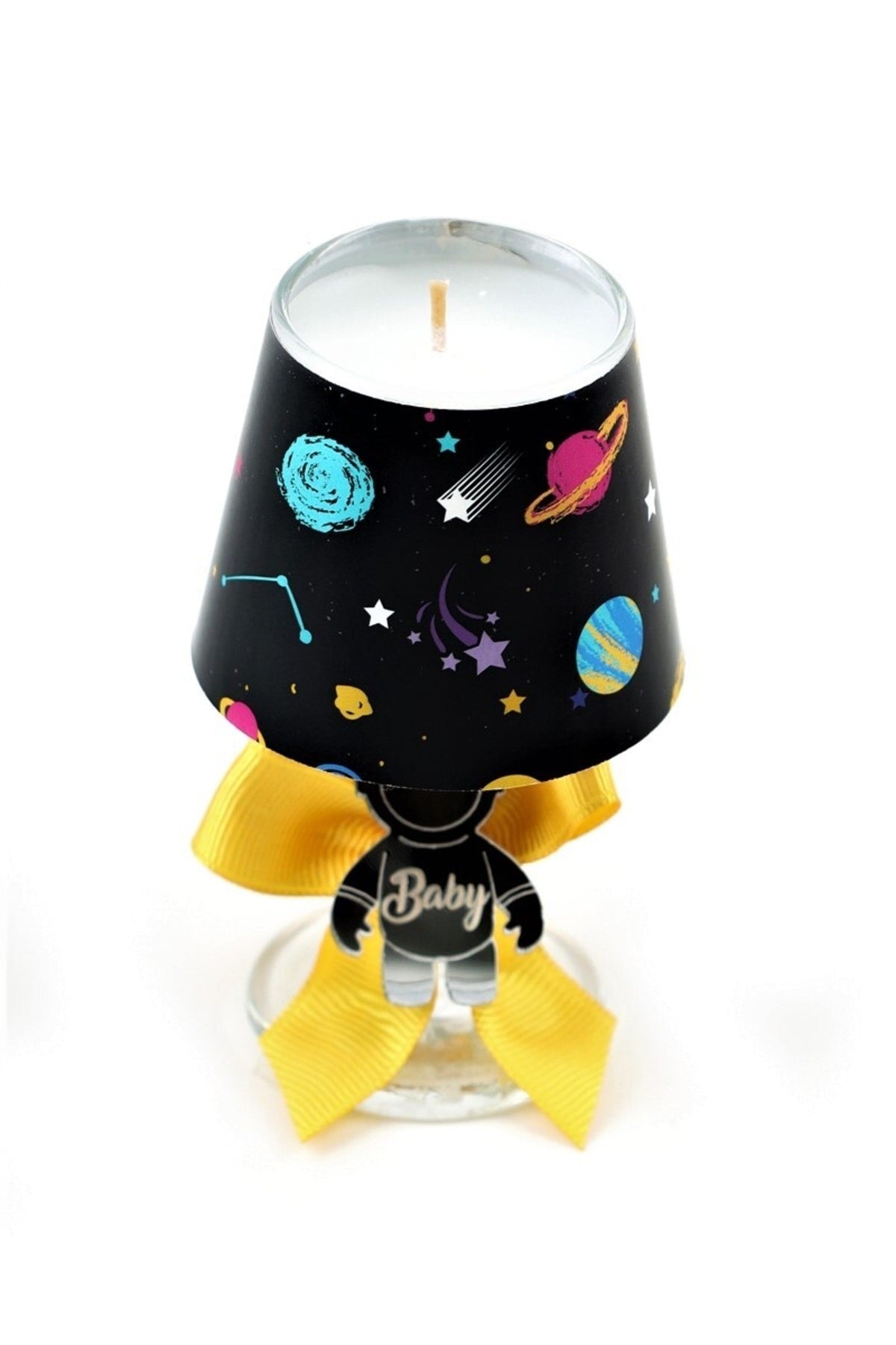 Baby Gift Boxed Personalized Yellow Decorated Space Printed Lampshade Candle Set of 10