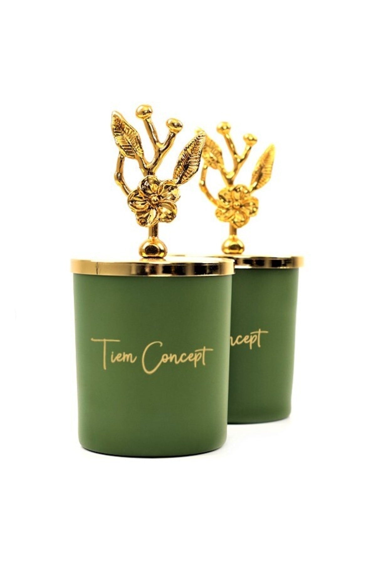Dekoratif Özel Tasarım Gold Zeytin Dalı Tepelikli Yeşil Çay Kokulu 2li Bardak Mum Seti