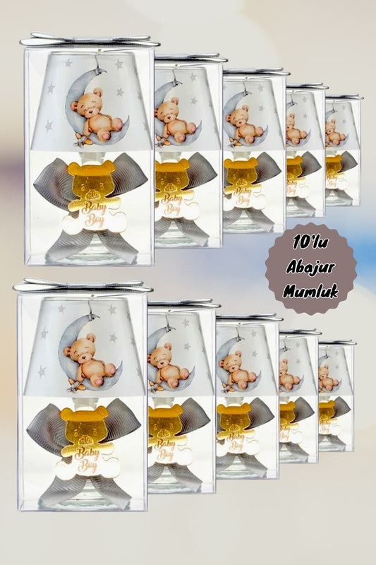 Baby Gift Boxed Custom Gray Decorated Teddy Bear Printed Lampshade Candle Set of 10