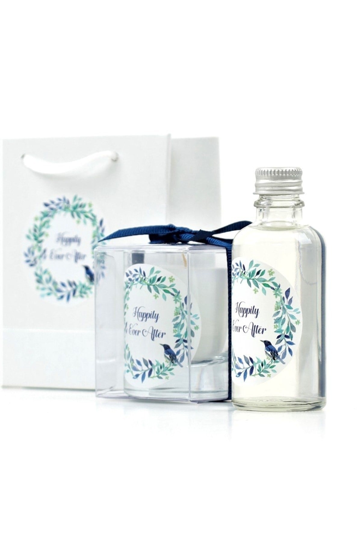 Kişiye Özel Nikah şekeri Baskılı Çantalı Kolonya ve Bardak Mum Seti 10'lu