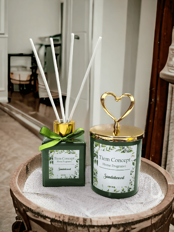 Heart Gold Headed Sandalwood Scented Green Glass Candle and Room Fragrance Set 100 ml