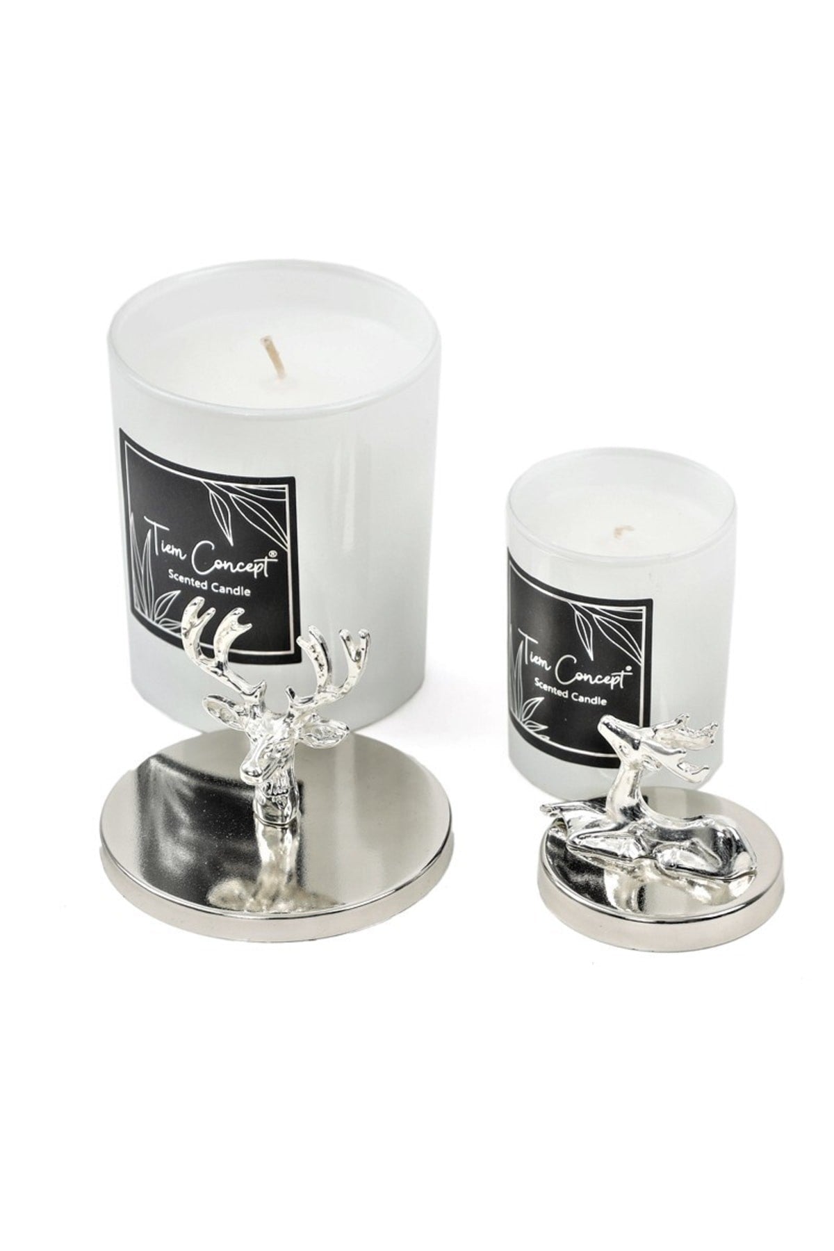 Tiem Concept Special Design Decorative Silver Deer Vanilla Scented 2-Piece White Glass Candle Set