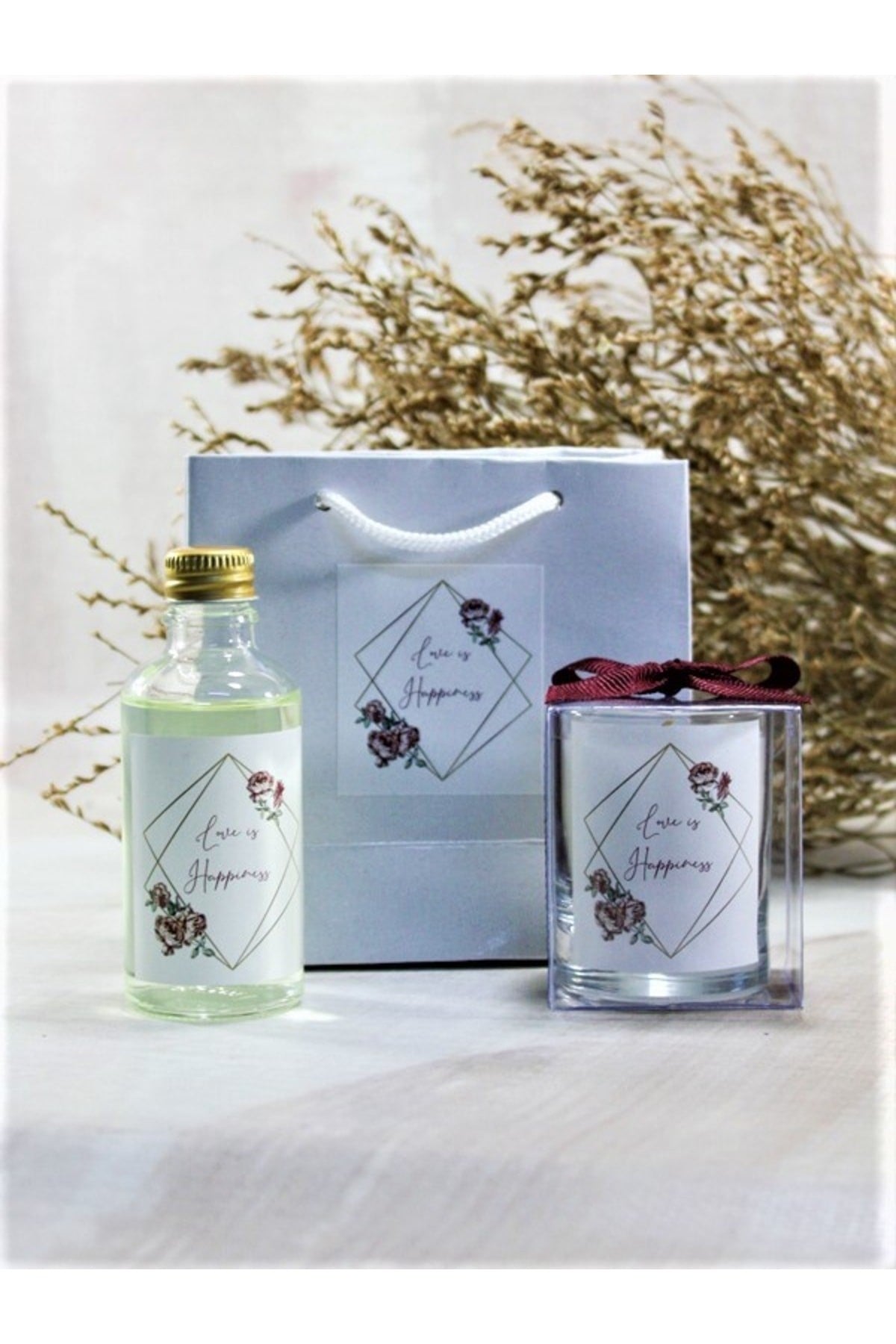 Kişiye Özel Nikah şekeri Baskılı Çantalı Kolonya ve Bardak Mum Seti 10'lu