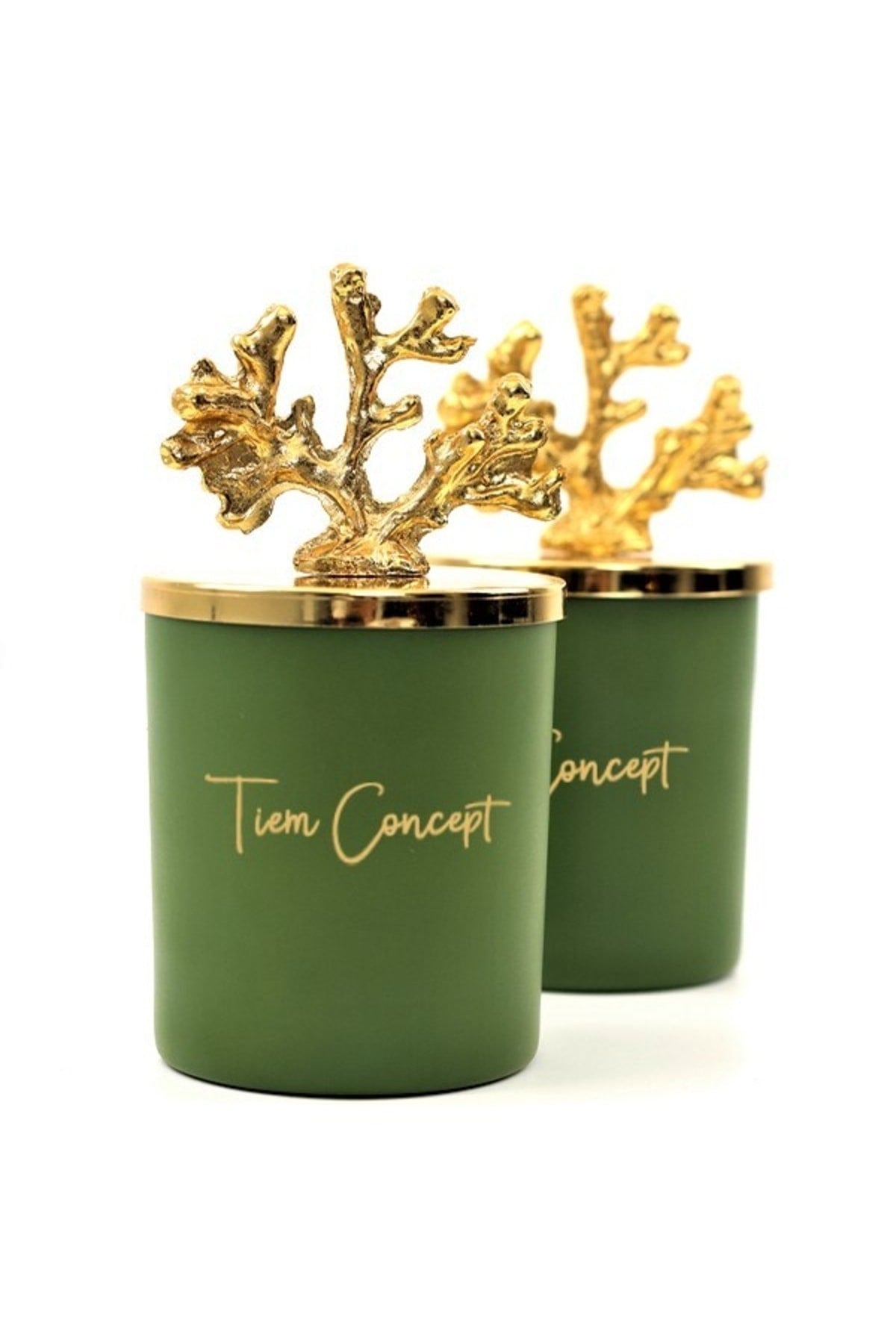 Tiem Concept Decorative Special Design Gold Coral Top Green Tea Scented 2-Piece Green Glass Candle Set