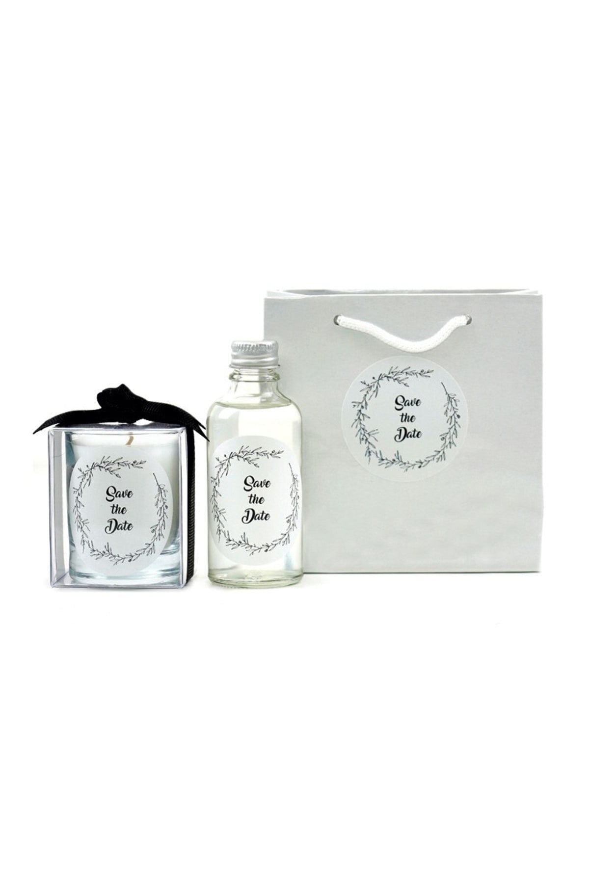 Kişiye Özel Nikah şekeri Baskılı Çantalı Kolonya ve Bardak Mum Seti 10'lu