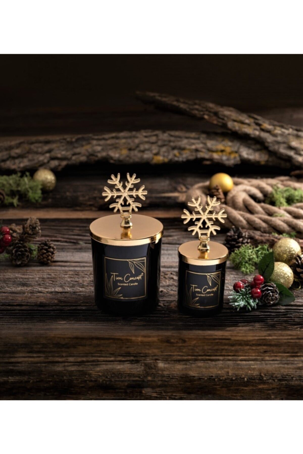 Dekoratif Gold Kar Taneli Vanilya Kokulu Siyah Bardak 2'li Mum Seti