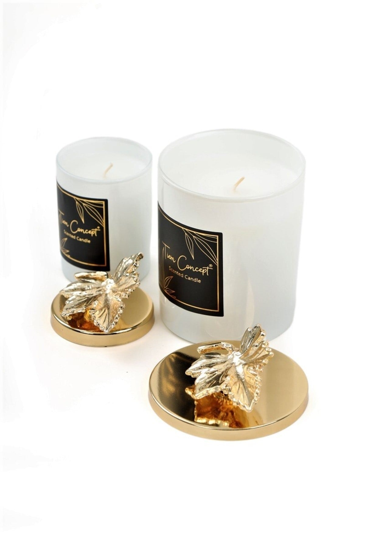 Dekoratif Gold Yapraklı Vanilya Kokulu 2'li Beyaz Bardak Mum Seti